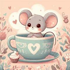 Kawaii Mouse Nestled in Heart-Decorated Teacup with Floral Surround