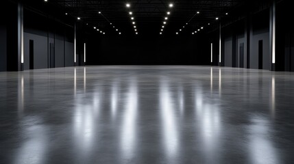 Empty, modern warehouse interior.  Glossy concrete floor reflects lighting.  Dark walls.  Professional studio setting