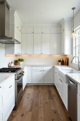 Sleek white cabinets, quartz counters, stainless appliances, luxury kitchen, clean, design