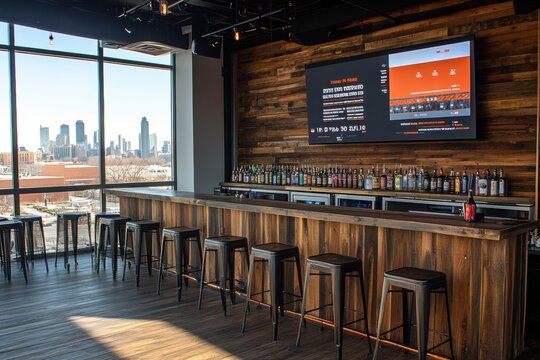 Modern bar with a rustic design, featuring a long wooden counter, metal stools, and a stunning city view from large windows.