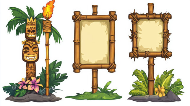 Bamboo frames with tiki masks, old parchment and burning torches, tribal wooden totems, hawaiian or polynesian style borders for hut bar signboard, Cartoon vector illustration, banners or posters set