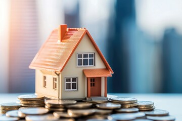 A miniature house with an orange roof sits on stacked coins against a blurred city skyline, symbolizing real estate investment, financial security, and housing market trends