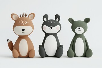 Naklejka premium Three adorable animal figurines. Soft, knitted textures in earthy tones. Perfect for a child's room