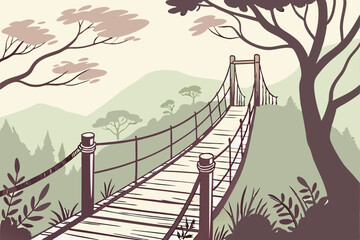 87 Watercolor painting, wooden suspension bridge, forest path, tranquil nature scene, misty atmosphere, soft green foliage, ethereal landscape, rope railings, vanishing point perspective, dreamy wilde