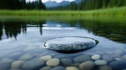 Serene stone in tranquil water. A smooth dark grey stone rests gently on the surface of clear water, surrounded by small colorful pebbles.  