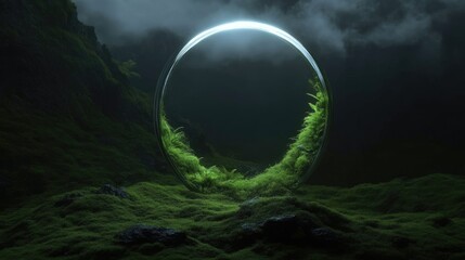 Fototapeta premium Mystical, glowing ring portal in mossy landscape