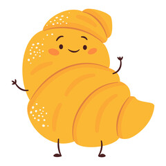 Flat vector illustration in a simple children's style. Cute croissant with face, legs and hands on white background . Vector illustration