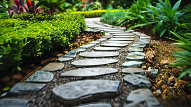 Empty Pathway: A stone path leading through a garden.