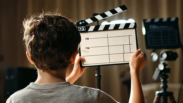 Filming a Scene with Rising Star Kid Actor and Director's Clapboard