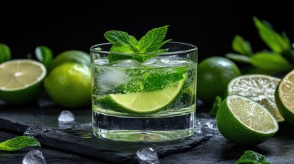 Fototapeta premium Refreshing lime and mint beverage in a glass (1)