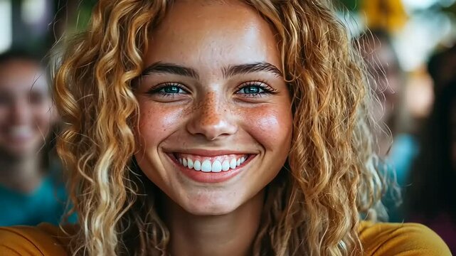 Joyful young woman with curly hair smiling in a vibrant outdoor setting surrounded by friends