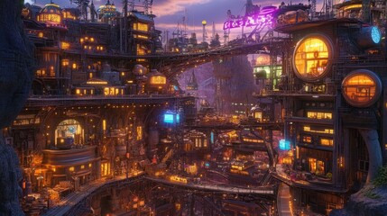 Obraz premium Futuristic steampunk city nestled in a valley, lit by warm, golden lights