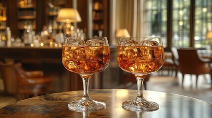 Two amber cocktails with ice in stemmed glasses on a wooden table in a bar.