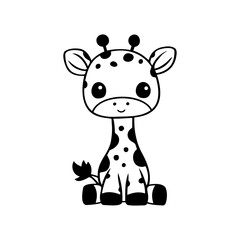 Cute Cartoon Giraffe Outline Drawing. Cute baby giraffe sitting down with a friendly smile for coloring pages, children's illustrations, or decorative designs