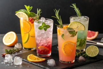 Fototapeta premium Colorful Cocktails Served on a Slate Board With Fresh Garnishes Generative AI