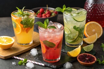 Fototapeta premium Refreshing Summer Drinks Arranged With Fruits and Mint Generative AI