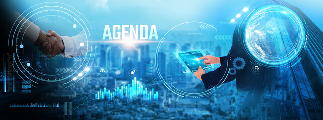 Agenda: Businessman analyzing strategic futuristic data and growth. Planning, decision-making, goal...
