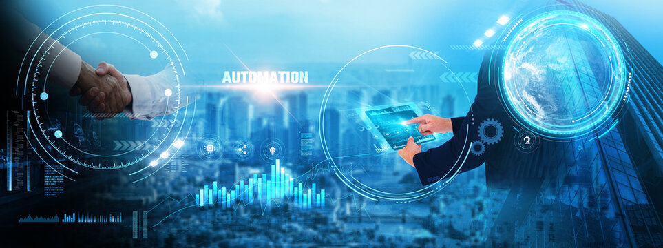 Automation: Businessman handshake of business deal with AI systems and cloud solutions global network integration, process optimization, workflow automation, data analysis, and digital transformation.