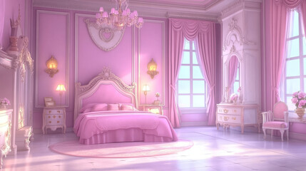 Princess room interior with pink walls in palace or castle. Vector parallax background ready for 2d animation with cartoon illustration of luxury girly room with antique furniture in baroque style