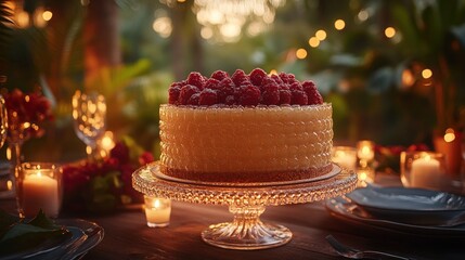 Delicious raspberry cheesecake on a glass cake stand at a romantic outdoor dinner.