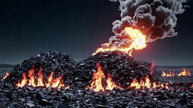 Massive Landfill Fire at Night with Flames and Thick Black Smoke