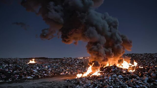 Night Landfill Fire with Burning Garbage Creating Toxic Smoke Cloud