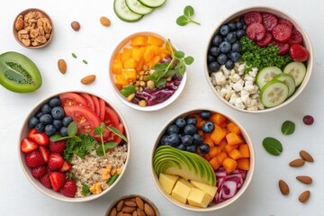 Healthy Fruit and Vegetable Bowls Arranged for a Colorful Meal Generative AI