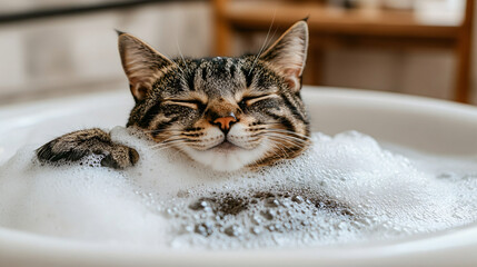 Charming cat enjoying a refreshing bath as part of a luxurious spa treatment experience in a cozy and serene environment.