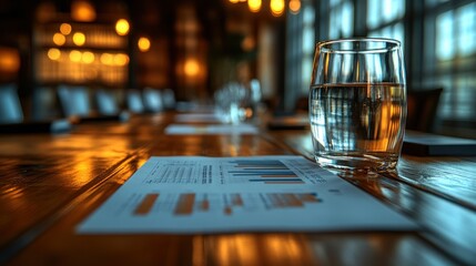 Glass of water on conference table with financial report.