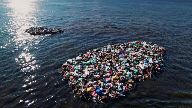 Floating Plastic Waste Patch on Clear Blue Ocean Under Sunny Sky