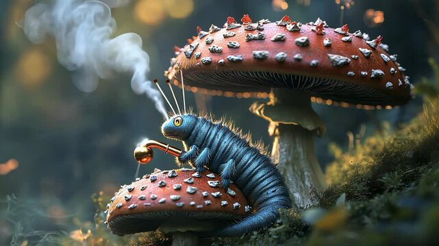 Blue caterpillar on mushroom. Cartoon of caterpillar with blue mushroom. A flies smoke from a pipe. A blue caterpillar perched on lifestyle a mushroom.