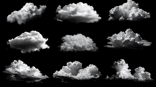Twelve isolated cumulus clouds on black background. - Powered by Adobe