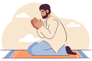 Muslim man praying on a prayer rug, peaceful moment of devotion, focus and spirituality