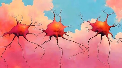 Three neurons connect in a dreamy sky.