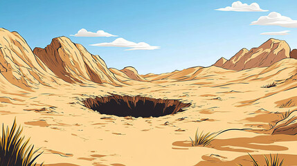 Desert landscape with golden sand dunes and dug pit in soil, cartoon vector illustration. Archeological excavations, treasures hunting concept. Empty space