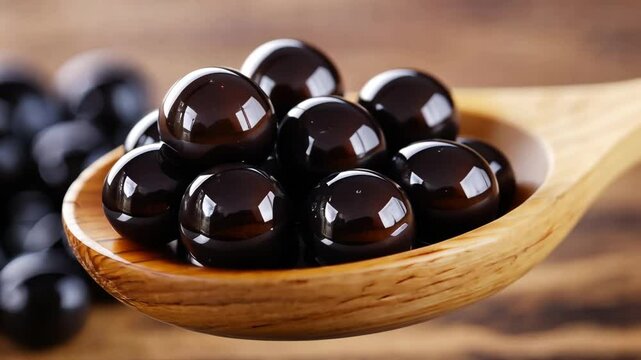 Black Tapioca Pearls on a Wooden Spoon: Close-Up of Boba for Bubble Tea Preparation