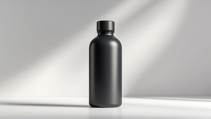 Sleek Black Plastic Bottle Mockup, Minimalist, Pump, Supplement & Floating Designs on a White Background for Premium Branding & Advertising