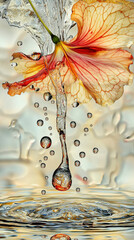 Water droplets from begonia flower,refraction