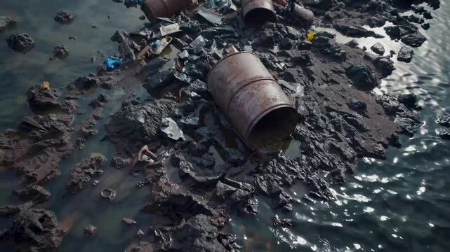 Aerial View of Plastic Garbage Patch Swirling in Blue Ocean