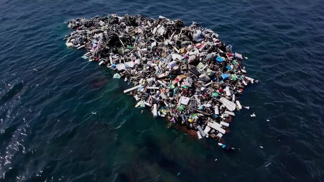 Floating Plastic Waste Island in Open Blue Ocean