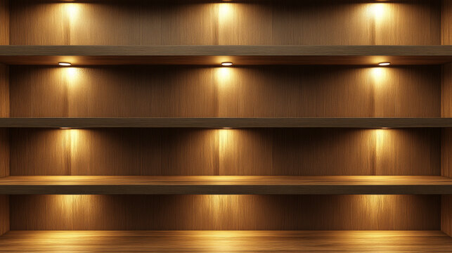 Empty wooden shelves with spotlights. Vector realistic mockup of white bookshelves in library, wood showcase in store. Timber planks illuminated by lamps for display or exhibition in gallery