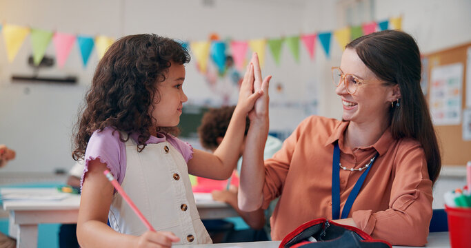 Education, teacher and high five student in classroom for lesson support, writing activity and learning progress. People, educator and girl with fine motor skills celebration or knowledge development