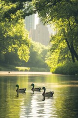 Lush greenery frames tranquil water, where ducks glide amidst ur
