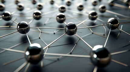 Abstract metallic sphere network. Chrome balls connected by rods on a dark surface. Modern, sleek, and technological background.

