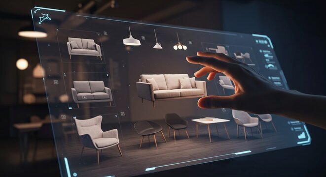 Woman uses augmented reality interface for interior design, browsing furniture. Immersive virtual reality platform and furniture configurator for home furnishing