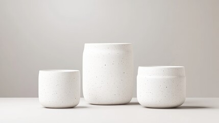 Three minimalist white ceramic vessels