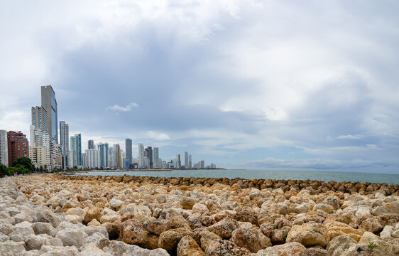 Panoramic view of Cartagena modern skyline and Rocky Coastline in Colombia. Bocagrande is a luxury and wealthy neighborhood, urban development for tourist.