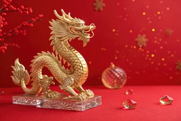 Fototapeta premium Golden Dragon Statue Symbolizing Prosperity for New Year