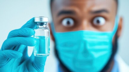 A healthcare professional in a mask holds a vaccine vial, looking surprised, highlighting the significance of vaccination in public health.