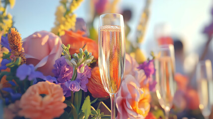 Toast with Sparkling Beverage at Memorial Service Surrounded by Flowers